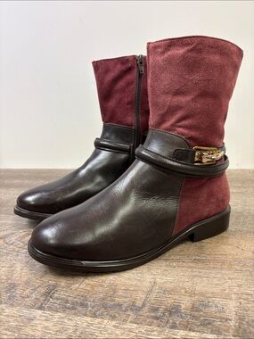 ALDO Burgundy Suede & Brown Leather Moto Boots Gold Hardware Size 7.5